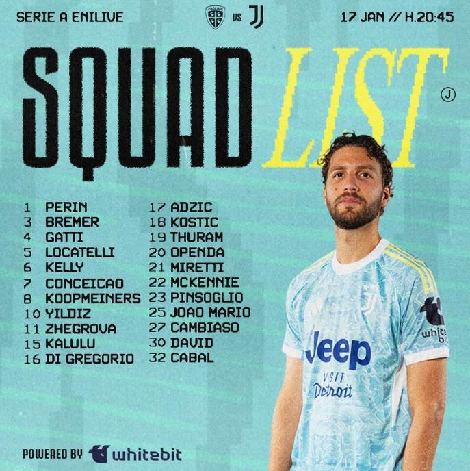 体育官网-尤文客战卡利亚里大名单:洛卡特利领衔,米利克继续伤缺